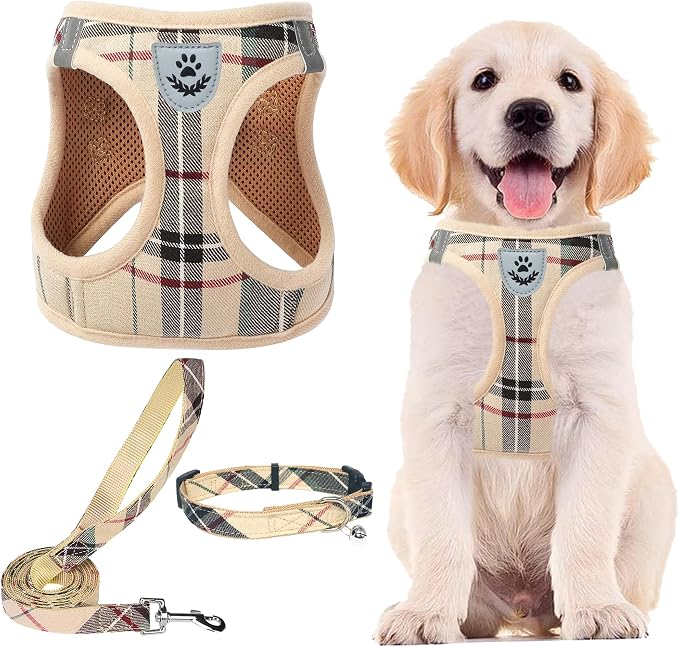 PUPTECK Adjustable Pet Harness Collar &Leash Set Step in for Small Dogs Puppy &Cats Outdoor Training &Running, Soft Mesh Padded Reflective Vest Harness,M: Chest girth: 16-18in Collar: 11.8-15.7in | Plaid Puppy Step-in Escape Proof Reflective No Choke P... by PUPTECK