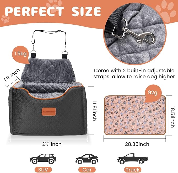 AlfaTok Memory Foam Booster Dog Car Seat with Washable Removable Cover, Elevated Pet Car Seat, Anti-Slip Sturdy Booster Seats for Small Dogs 35lbs, Seat Belt, Storage Pocket, Dog Blankets - Image 4