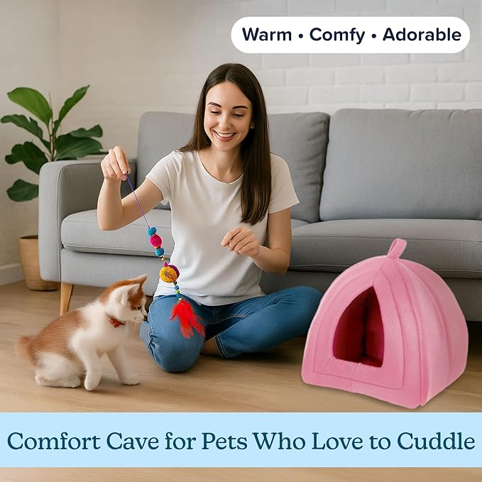PETMAKER Cat House Indoor Bed with Removable Foam Cushion, Pink | Plush Cat Tent Bed for Small Kittens, Rabbits, Guinea Pigs, and Other Small Animals, Comfortable Cozy Pet Hideaway - Image 4