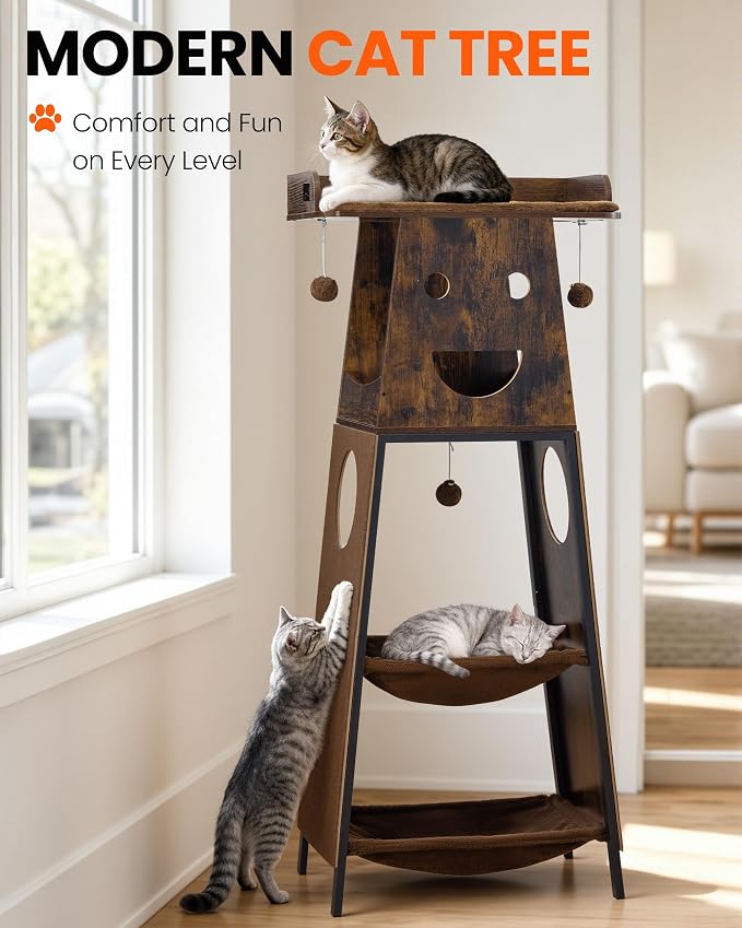56in Modern Wood Cat Tree Tower for Indoor Cats with Hammock | Multi-Level Climbing Design, 2 Spacious Hammocks, Perch, Cat Condo, Scratching Board, Ideal for Multi-Cat Homes, Rustic Brown - Image 6