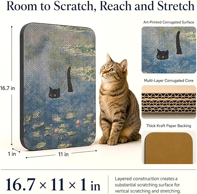 Cat Wall Scratcher, Art Cat Scratching Board for Indoor Cats | Wall Mounted Cat Scratch Pad, Water-Based Ink, Hook&Loop Strips, Floor or Wall Use, 16.7x11x1 Inch, Water Lily Pond - Image 2