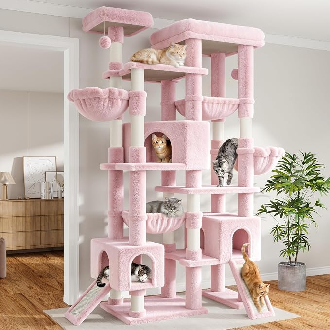 Sha Cerlin 87 in Multi-Level Tall Cat Tree Tower for Large Cats/Extra Wide Feline Activity Center/Sisal Scratching Posts/Wide Base/Cozy Plush Perches/Baskets/Hammocks/Toy Balls/Pink by SHACERLIN
