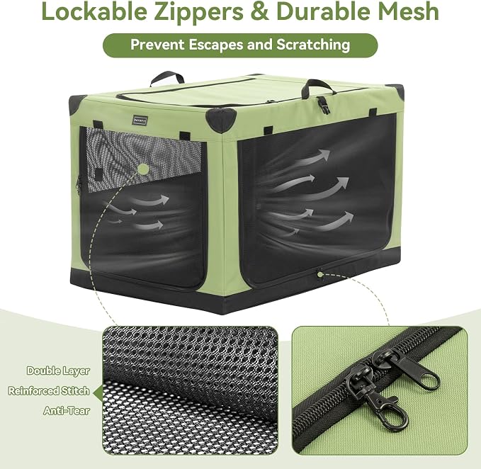 PETSFIT 30" Soft Portable Dog Crate – Patented Spiral Sturdy Frame, Collapsible Travel Kennel for Medium Dogs, 3 Mesh Door, Lockable Zippers, Indoor & Car Use Green - Image 6