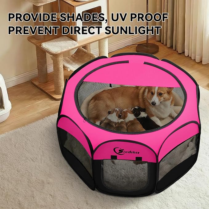 Siedihit Dog Playpen, Medium Puppy Pet Playpen, Dog Crate Tent Cage Indoor | Outdoor, Portable Pop Up Dogs Kennel Playpen with Carrying Case for Dogs/Cats/Rabbits, Hot Pink - Image 5