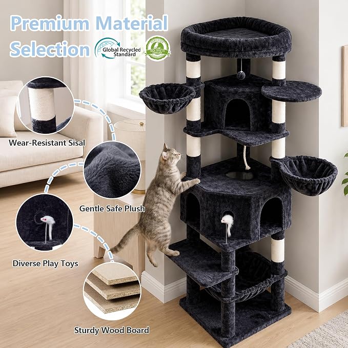 Cat Tree, 81.1" Skyward Corner Cat Tower for Large Cats VCT031G | Space-Smart Cat Furniture with Diamond Hideout, Grand Platform, Firm Base, 3 Soft Hammock & Pet Relax Station, Dark Gray - Image 4