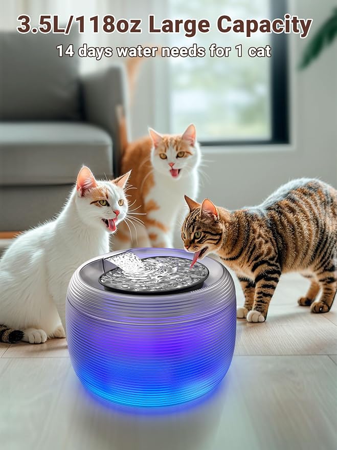 Kastty 3.5L/118oz Large Capacity Cat Water Fountain for Cats Quiet FS75 | Automatic Pet Water Fountain for Cats Indoor with Water Level LED Light, Multi-Filtration Easy Cleaning Cat Fountains for Pet - Image 2
