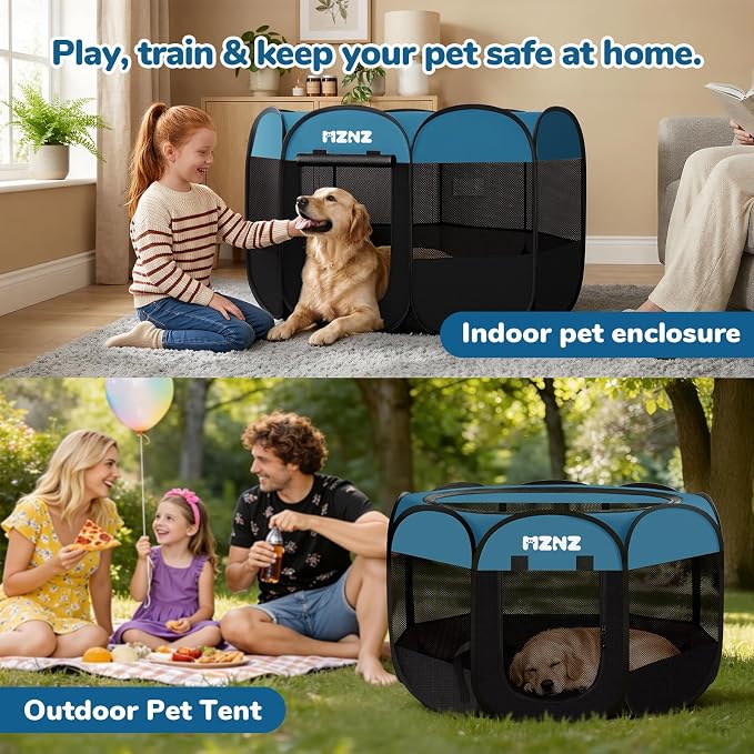 Dog Cat Small Animal Puppy Playpen Crate, Large, Blue Black | Portable Pop Up Pet Cage Enclosure Tent Kennel Indoor Outdoor with Carrying Case, No Assembly, Camping Use - Image 5