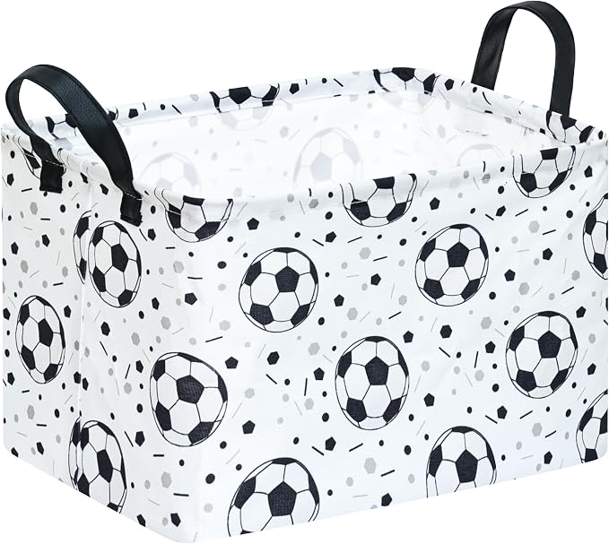 Kids Storage Basket with Soccer Print, 14.5" x 10.2" x 9.1", Waterproof with Leather Handles, Collapsible Rectangular Bin for Boys Sports Gear, Toys & Laundry by Unknown