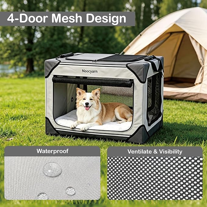 Collapsible Soft Dog Crate 42 Inch, Portable Travel Pet Crate for Extra Large Dogs with 4-Door Mesh, XL Dog Kennel Indoor & Outdoor, Light Grey - Image 6