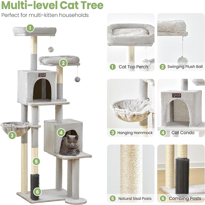 Cat Tree Tower for Indoor Cats Large Adult - 65 inch Extra Tall Cat Condo Trees with Scratching Post Hammock Perch - XL Sturdy Big Heavy Duty Multi Level Cat House Towers - Kitty Climbing Furniture - Image 5
