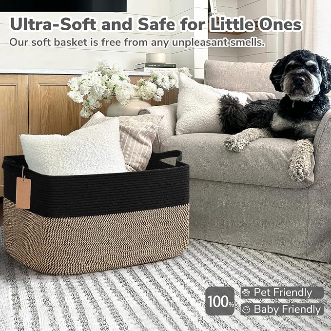 Goodpick 75L Extra Large Woven Blanket Basket, Rectangle, Black & Jute | 22" × 17" × 12" Decorative Wicker Storage Basket for Pillows, Toys & Clothes, Fits Living Room & Nursery Organization - Image 5