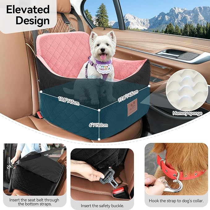 GL GLENSLAVE Dog Car Seat for Small/Medium Dogs, Dog Booster Car Seats with Thick Cushion for Dogs Under 35 lbs, Detachable Washable Pet Carseat with Storage Pockets, 2 Safety Belts(Black/Pink) - Image 4