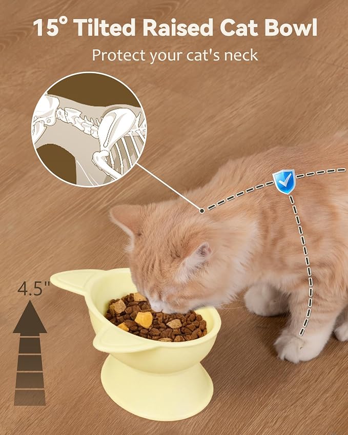 MateeyLife Raised Cat Bowls, Cat Food Bowl Elevated for Kittens & Small Dogs, 15°Tilted Protect Pets' Neck and Anti Vomiting, Whisker Friendly Food & Water Feeding Bowl, 6 oz Each - Yellow - Image 2