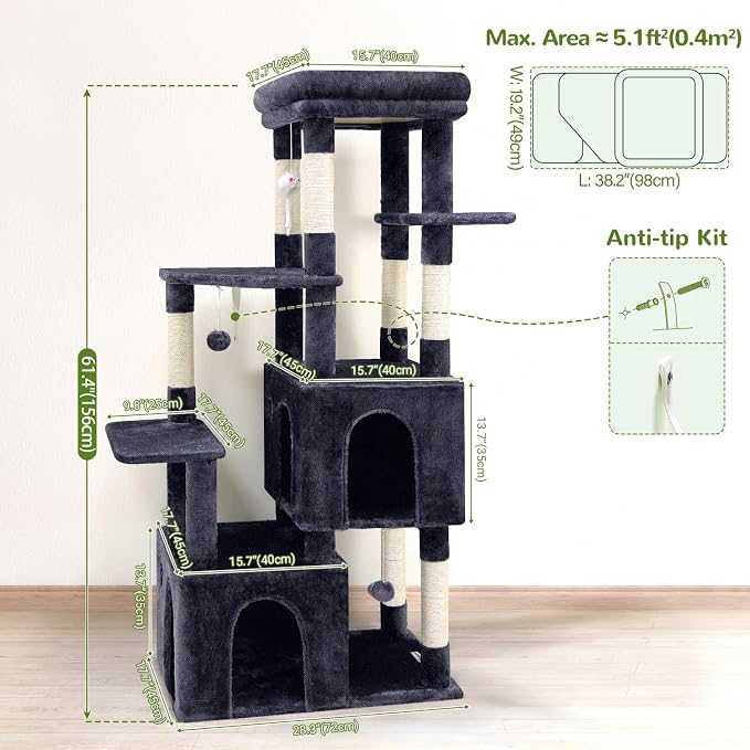 Globlazer Heavy Duty Cat Trees for Big Cats Maine Coon, F61, Dark Grey | Cat Tower for Indoor Large Adult Cats with Scratching Post, Extra Large Top Perch, Cat Condos, 61inch - Image 6
