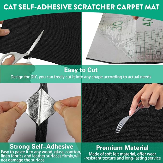 Trimmable Cat Scratcher Mat, Self-Adhesive Cat Scratching Carpet Pad Replacement for Cat Tree Shelves, Cat Steps and Posts, DIY Cat Scratch Couch Furniture Protector (Black, 39.4"x15.8") - Image 3