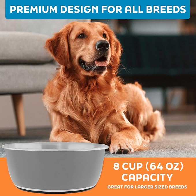 Master Pet Supply Stainless Steel Dog Bowls Set of 2 - Graphite - 64 Oz | Non-Slip Rubber Base, Basic Dog Food Bowl Water & Food Bowls for Small, Medium, Large Dogs & Cats Metal Dish - Image 7