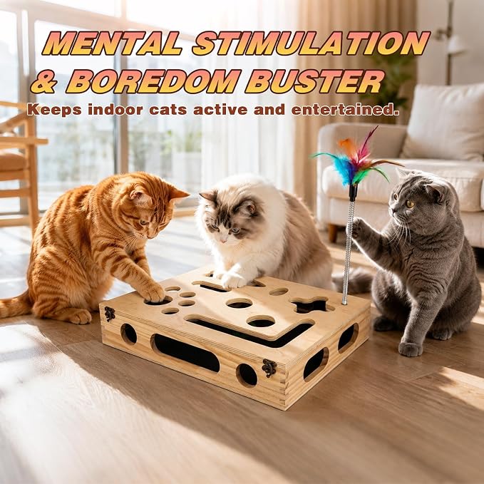 Cat Scratch Puzzle Enrichment Box, Interactive Cat Toy for 3 Balls & 2 Wand | Integrated Cat Nail File Scratcher - Stress Free Alternative to Clippers & Grinders for Indoor Cats - Image 4
