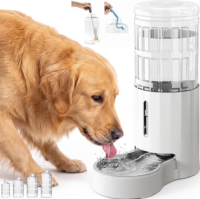 CZPET Dog Water Bowl Dispenser 9.5L, Wider Mouth Gravity Refilling (White) | With Stainless Steel Bowl Gravity Waterer, Large Capacity and Drinking Area Noise-Free for Pets by CZPET