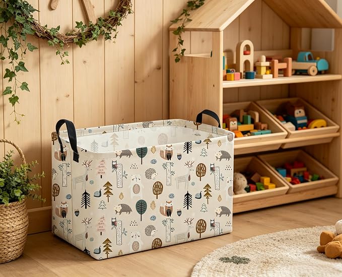 Sanjiaofeng Rectangular Cute Animals Storage Baskets,Foldable Kids Toy Clothes Bins for Bedroom,Woodland Animal Basket,Books Box, Gift Basket(Tree Trunk Animals) - Image 5