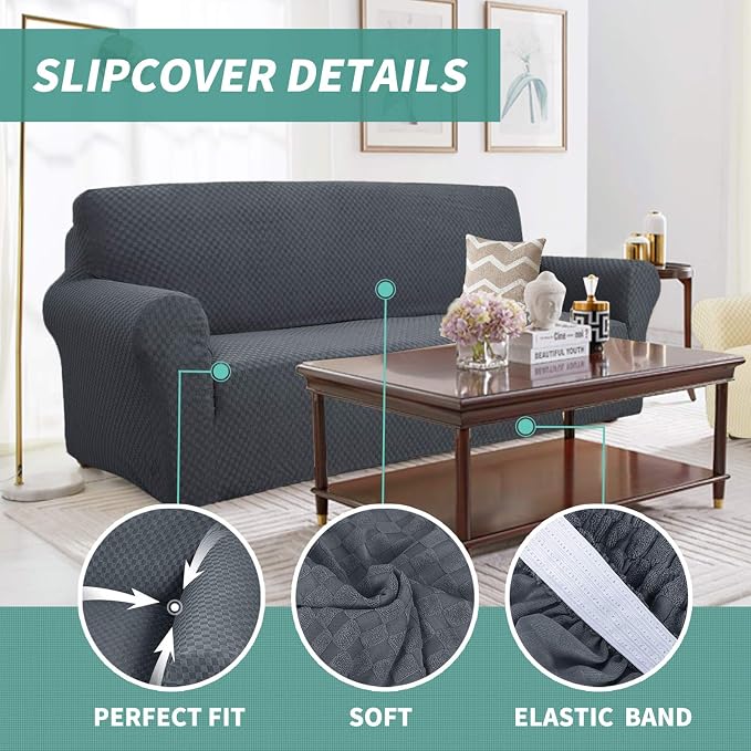 YEMYHOM Couch Cover Latest Jacquard Design High Stretch Sofa Chair Covers for Living Room, Pet Dog Cat Proof Armchair Slipcover Non Slip Magic Elastic Furniture Protector (Small, Dark Gray) - Image 3