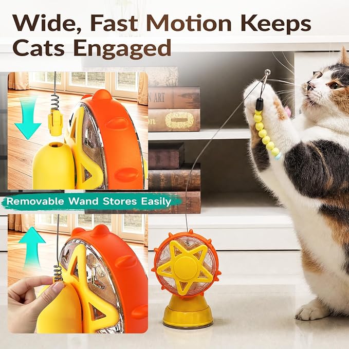 Interactive Cat Toy with Treat Dispenser & Wand Teaser Indoor Cats(Yellow) | Stable Suction Base Design|Adjustable Treat Opening|Indoor Cat Boredom Relief|Hunting Instinct Stimulation - Image 3
