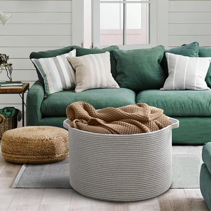 MEGASKET Extra Large Grey Storage Basket, 22" X 22" X 14" XXXL Blanket Basket for Living Room, Gray Wicker Woven Cotton Rope Baskets for Storage, Kids Toy Baskets Bins, Decorative Pillow Towel Basket - Image 6
