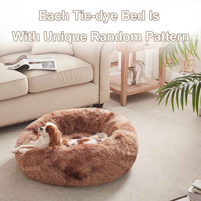 30 in Faux Fur Fluffy Donut Dog Bed for Medium Dogs,Tie-dye Brown | Calming Plush Round Pet Bed with Removable & Washable Cover,Fits up to 45 lbs Pets - Image 6