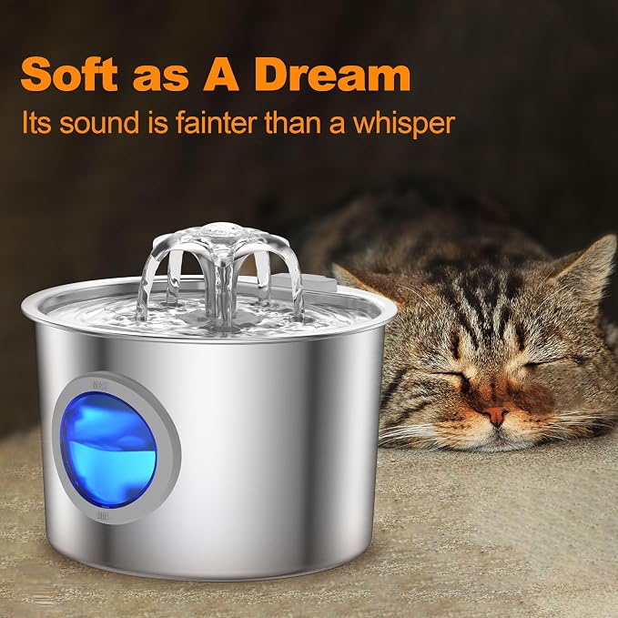 Cat Water Fountain Advanced 304 Stainless Steel 2.2L/74oz with 3-Pack Replaceable Filters, Detachable Tank, Easy to Clean, Automatic Pet Fountain Quiet Cats Water Dispenser, Dogs - Image 6