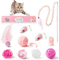MALLMALL6 10Pcs Cat Toy Set Interactive Cat Toys Pack Including Feather Teaser Wand Cat Springs Mice Crinkle Balls and Pet Bell Balls, Puzzle Toys for Indoor Cats Gift (Pink) by MALLMALL6