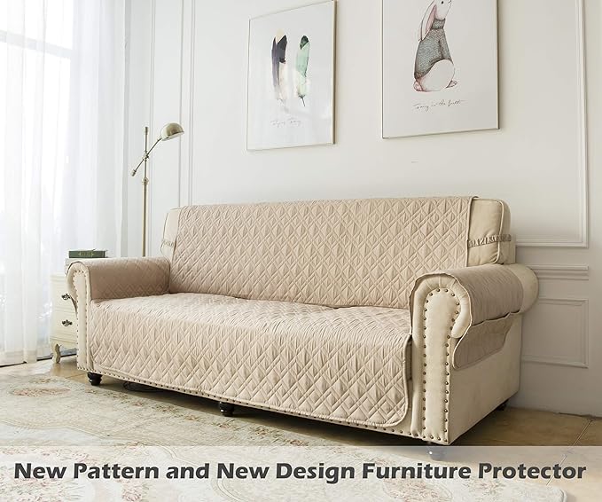 Ameritex Loveseat Cover Water-Resistant Quilted Furniture Protector with Back Nonslip Paws Slipcover for Dogs, Kids, Pets Loveseat Slipcover Stay in Place for Leather (46", Beige) - Image 7
