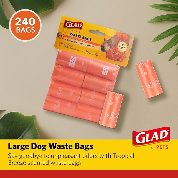 Glad for Pets Scented Dog Waste Bags, Tropical Breeze Scent, 240 Count | Tear-resistant and leak-resistant, heavy-duty design, 16 rolls, for easy daily waste cleanup, dogs, cats - Image 2