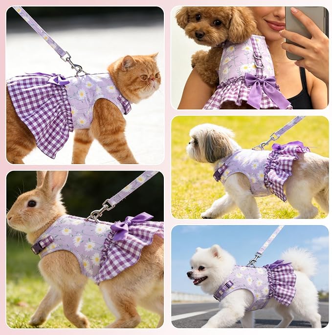 EXPAWLORER Dog Harness Small Medium Sized Dogs, No Choke No Pull Mesh Vest | Daisy Dog Dress Bowknot Harness and Leash Set, Soft Cute Princess Puppy Outfits Clothes Costume for Girls Party Cats Purple S - Image 8