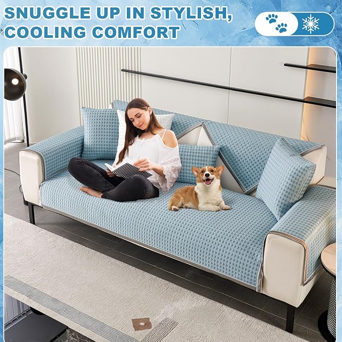 OTOB Cooling Couch Cover Washable Anti Slip Furniture Protector, 1 Piece | Luxury Cream, 43.3"x94.5", Premium Ice Silk Fabric, Modern Geometric, Soft, 3D Bionic Breathable, Sectional Sofa Slipcover - Image 5