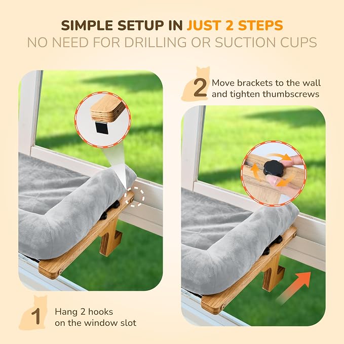 [Ready to Gift] PURRHOUSE Cat Window Perch with Cushion Bolster and Cool Pad, Cat Hammocks for Windows with Wood & Robust Metal Frame for Large Cats, Beds for Windowsill, Bedside and Cabinet,24''W - Image 8