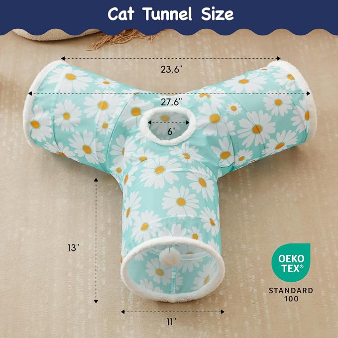 Tempcore Cat Tunnel for Indoor Cats, 3 Way Collapsible Pet Play Tunnel with Teaser Wand, Peek Holes & Hanging Ball, Interactive Tube for Kittens & Rabbits, Daisy Blue Printed - Image 2