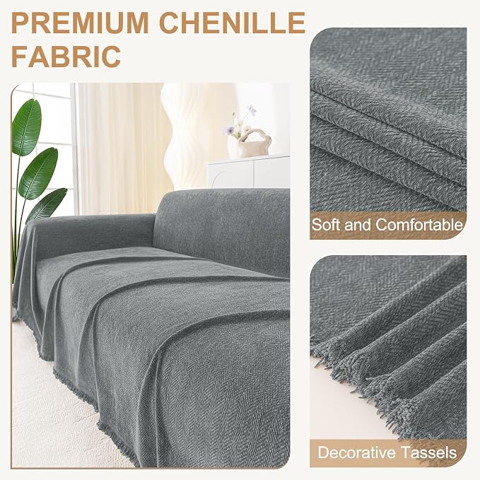 Smiry Couch Cover for Dogs, Chenille Sofa Covers for 3 Cushion Couch | Washable Soft Sofa Slipcover for Pets, Thick Sectional Furniture Protector with Tassels (Grey, 71x150 Inch) - Image 2
