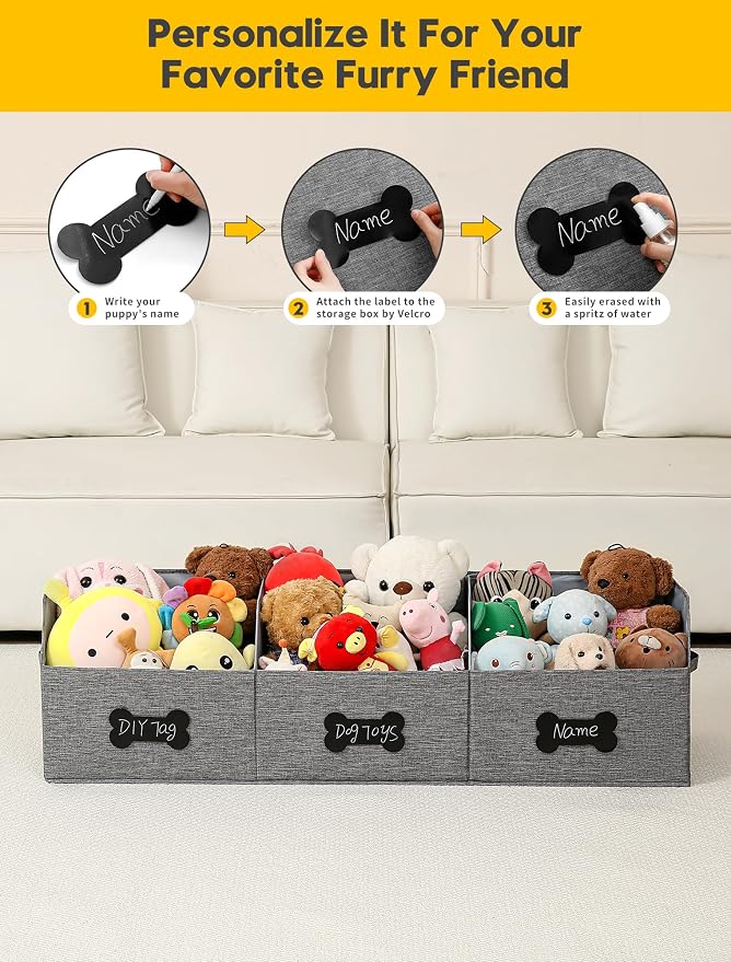 Qozary Large Dog Toy Basket with Diy Tag - Collapsible Dog Toy Bin, Fabric Personalized Storage Box, Trapezoid Storage and Organizer for Pet Supplies (Gray, Extra Large 47"x13.4") - Image 3