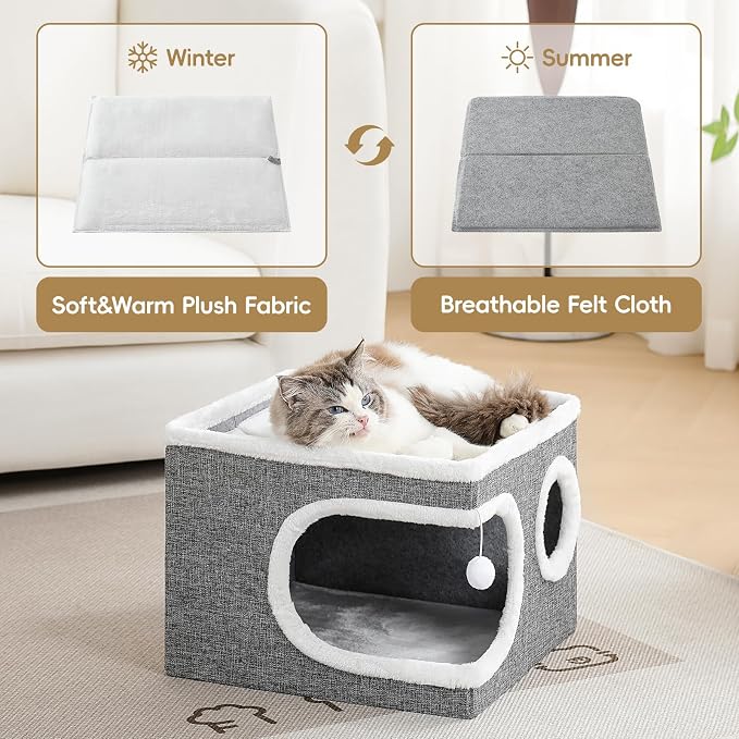 Cat Houses for Indoor Cats, Large Covered Cat Bed Cave, Grey, 16in | Foldable Kitten Bed House with Fluffy Ball and Scratch Pad, Large Cat Condo for Multiple Pets, Cat Hideaway, 16x16x13 inches - Image 3