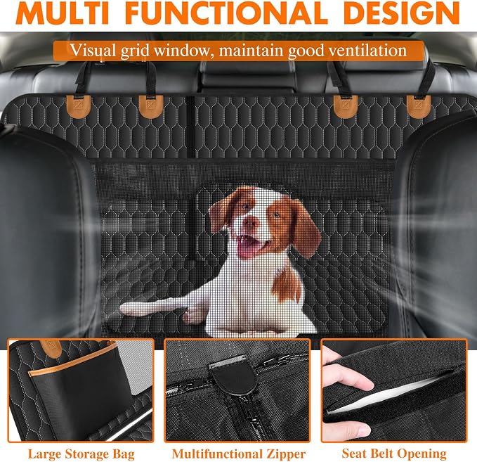 Waterproof Dog Car Seat Cover for Back Seat, Pet Hammock- S, Black/Orange | Durable waterproof hammock with nonslip design & storage pockets. Protects seats from scratches, fits cars, SUVs & trucks. - Image 3