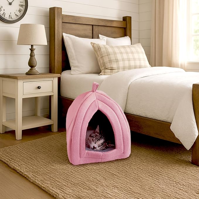 PETMAKER Cat House Indoor Bed with Removable Foam Cushion, Pink | Plush Cat Tent Bed for Small Kittens, Rabbits, Guinea Pigs, and Other Small Animals, Comfortable Cozy Pet Hideaway - Image 7