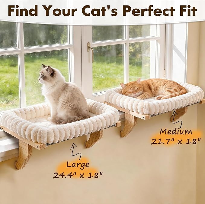 Zoratoo Cloud-Soft Wooden Cat Window Sill Perch with Zipper Cushion,M White | 21.7’’x18’’, Removable for Machine Wash, Fluffy Plush Bolster, Sturdy Metal Frame for Large Cats up to 40lbs, Easy to Adjust - Image 8