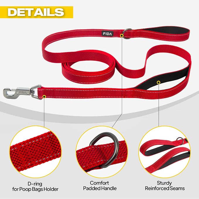 Fida 10 FT Heavy Duty Dog Leash, Dual Padded Handles for Medium Large Dogs | Traffic Handle for Close Control, Advanced Easy Snap Hook, Reflective, Strong Nylon Webbing for Long Walks & Training, Red - Image 6
