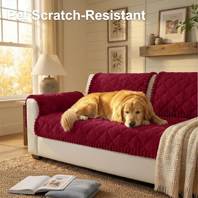 Smiry Non Slip Couch Cover for Dogs, Fuzzy Plush Pet Sofa Protector | Washable Furniture Cover for Large Dogs & Cats, Scratch & Dirt Resistant, For 2 Cushion Couch, Red, 27.6"x47" - Image 2