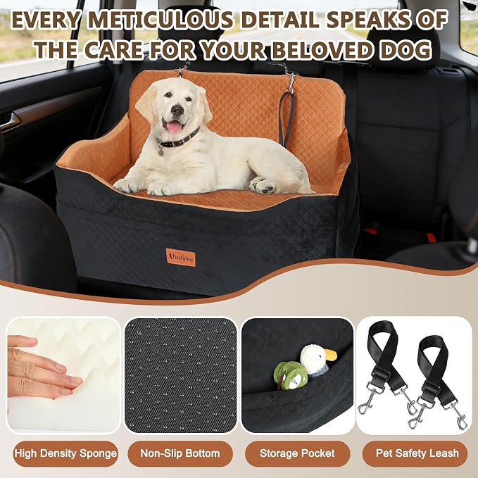 Vivifying Dog Car Seat for Back Seat, Booster Travel Bed for Medium Large Dogs or 2 Small Dogs, 4" Raised Foam Cushion, Safety Leash & Washable Cover, Soft Dog Booster Seat for Cars, Trucks & SUVs - Image 4