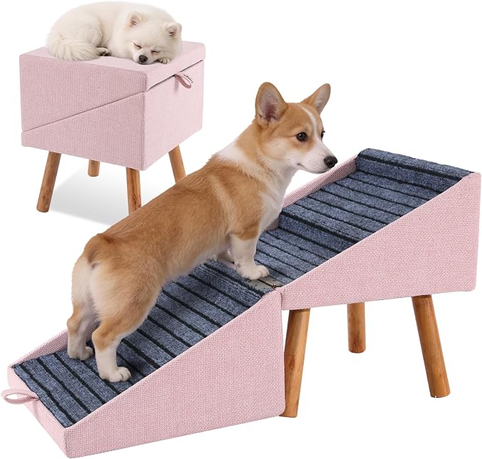 Dog ramp for Small Dogs, 2-in-1 Pet Steps & Ottoman | Foldable Dog ramp for Couch, Non-Slip Wooden Pet ramp for Puppy Senior Injured Dogs (Pink, XL(17.13H)) by Ziluce