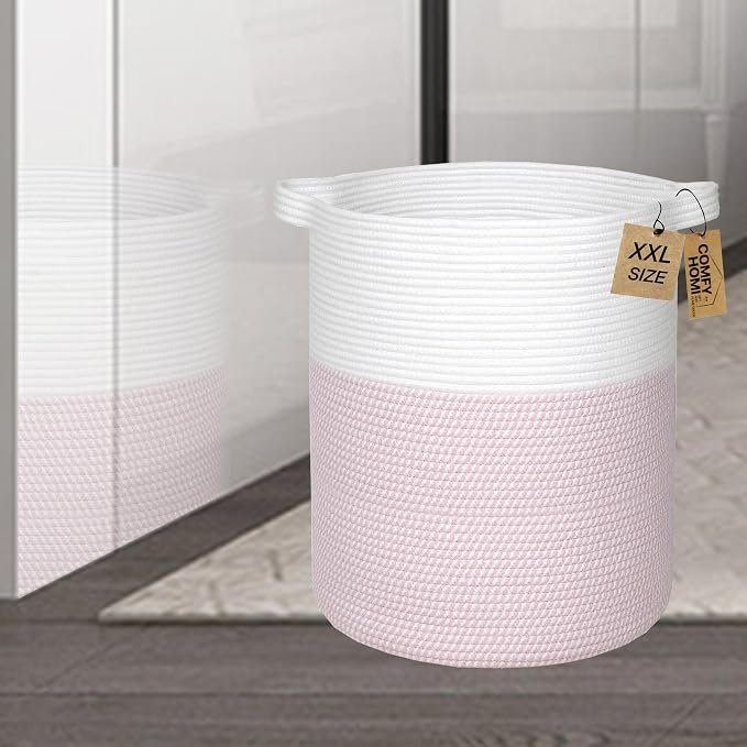 COMFY-HOMI XXL Large Laundry Basket with Handles Blanket Baskets Living Room|Woven Cotton Rope Decorative Basket Laundry Hamper Baby Basket Nursery Dog Toy Storage Organizer Bin-16”x18”-White/Pink - Image 4
