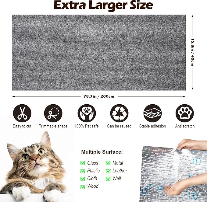 Cat Scratch Furniture Protector, 78.7"x15.8" Cat Scratch Pad for Couch | Trimmable Self-Adhesive DIY Sofa Wall Cats Tower Mat, Replacement Pads from Pet Claws, Light Gray - Image 2