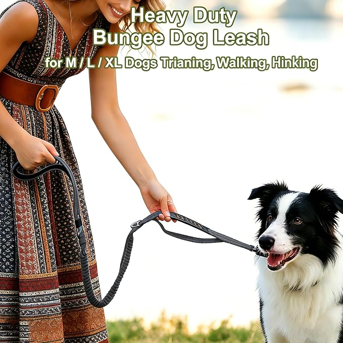 Dog Leash Heavy Duty, Bungee Leash Reflective Car Seat Belt for L Dogs Grey | 4-6FT Strong Shock Absorbing Tactical with 2 Padded Handles, Dog Tug Lead for Large XL Dogs Walking Running Training - Image 5