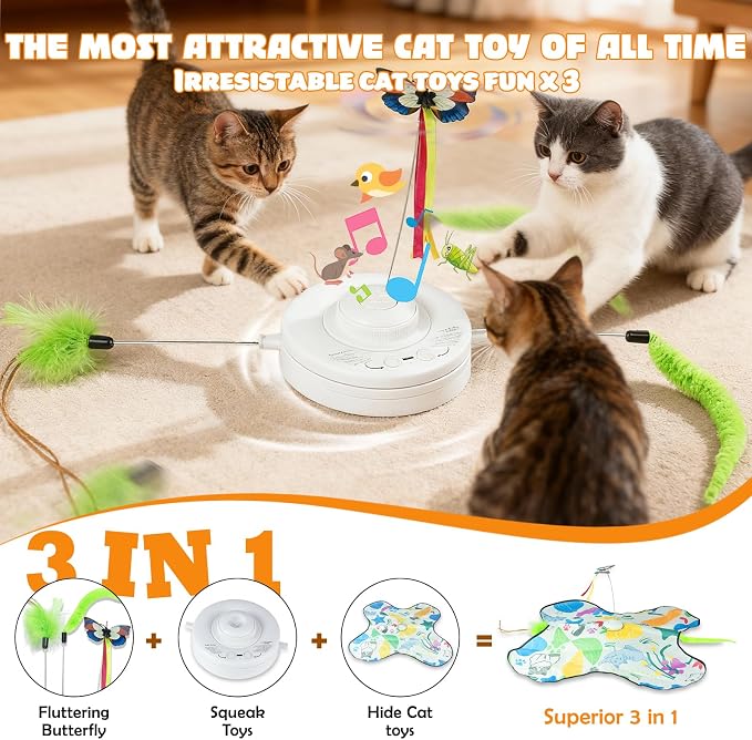 Interactive Cat Toys Rechargeable for 4 in 1 Hide and Seek Game, Moving Concealed Wand Feathers, Real Mouse Squeaky, Durable Exercise Toys for Indoor Cats for Bored Adult Cats Wand Toy - Image 2