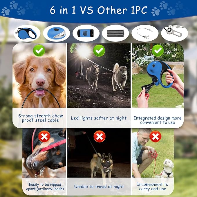 26Ft Retractable Dog Leash - for Dog Up to 110lbs, Tangle Free Walking Leash with Chew Proof Cable | LED Light | Dispenser | Poop Bags, Quick Lock Braking & Non-Slip Handle (Blue) - Image 5
